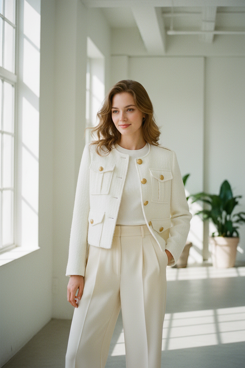 Milky White Tweed Short Jacket
